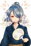  androgynous blue_hair fan hair_over_one_eye inazuma_eleven inazuma_eleven_(series) japanese_clothes kazemaru_ichirouta kimono long_hair male_focus morino_bambi obi otoko_no_ko paper_fan ponytail red_eyes sash smile solo uchiwa 