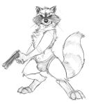  angry briefs bulge chetchaka clothing digitigrade guardians_of_the_galaxy gun hair_tuft male mammal marvel procyonid raccoon ranged_weapon rocket_raccoon simple_background snarling solo underwear weapon white_background 