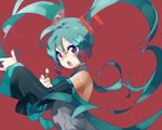  \m/ aqua_eyes aqua_hair bishoujo_senshi_sailor_moon detached_sleeves hatsune_miku long_hair looking_at_viewer open_mouth parody pointing pointing_at_viewer solo tsuki_ni_kawatte_oshioki_yo tsurukame_(doku) twintails very_long_hair vocaloid 