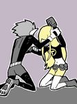  1boy 1girl beast_boy beast_boy_(dc) blonde_hair cartoon_network clenched_hand dc_comics fist gloves green_hair green_skin kneeling paw_shoes pixiv_manga_sample shorts spot_color teen_titans terra_(dc) 