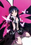  :o absurdres accel_world artist_request black_dress blush center_opening collarbone dress elbow_gloves gloves head_tilt highres kneeling kuroyukihime long_sleeves looking_at_viewer navel official_art parted_lips scan 