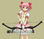  alternate_weapon arrow bad_id bad_pixiv_id bow_(weapon) choker compound_bow dress gloves kaname_madoka lance_blue mahou_shoujo_madoka_magica pink_eyes pink_hair puffy_sleeves rambo short_twintails simple_background solo twintails weapon 