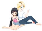  1boy 1girl age_difference barefoot black_eyes black_hair blonde_hair breasts cadd_kiriyama cigarette crossdressing denim earrings frown green_eyes huge_breasts impossible_clothes impossible_shirt jeans jewelry long_hair original pants ponytail sandals shirt short_hair simple_background sitting skirt smile tank_top trap white_background 