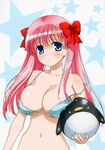  absurdres artist_request ball bangs beachball bikini bird blue_bikini blue_eyes blush body_blush bow breast_press breasts bursting_breasts cleavage etopen hair_bow haramura_nodoka highres holding holding_ball large_breasts long_hair looking_at_viewer megami navel official_art penguin pink_hair saki scan shiny shiny_hair skindentation solo star starry_background strap_gap strap_slip string_bikini stuffed_animal stuffed_penguin stuffed_toy swimsuit twintails underboob upper_body wide_hips 