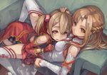  asuna_(sao) bare_shoulders black_legwear blush braid breasts brown_eyes brown_hair couch detached_sleeves fingerless_gloves gloves hand_on_another's_head long_hair looking_at_viewer lying lying_on_person medium_breasts multiple_girls on_back red_eyes silica skirt smile spread_legs suzuno_(bookshelf) sword_art_online thighhighs twintails white_legwear 