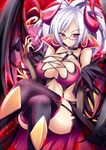  bad_id bad_pixiv_id black_legwear blush breasts bridal_gauntlets character_request choker cleavage crossed_legs demon_girl demon_horns demon_wings fang fingernails garter_straps glasses horns inma_kourin_devil_carnival large_breasts legs mikan_(5555) naughty_face petals red_eyes sharp_fingernails short_hair sitting smile solo succubus thighhighs thighs white_hair wings zettai_ryouiki 