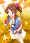  autumn_leaves bad_id bad_pixiv_id blurry blush bracelet brown_eyes brown_hair camera depth_of_field drill_hair gochou_(atemonai_heya) hair_ornament holding idolmaster idolmaster_cinderella_girls jewelry leaf looking_at_viewer necklace open_mouth school_uniform sidelocks solo striped takamori_aiko 