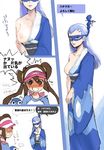  2girls blue_hair breast_slip breasts brown_hair genderswap gym_leader hachiku_(pokemon) mei_(pokemon) multiple_girls nipples one_breast_out piplup pokemon pokemon_(game) pokemon_bw2 translation_request 