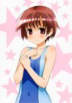  :s absurdres artist_request bangs blue_swimsuit blush body_blush brown_hair competition_swimsuit covered_navel embarrassed flat_chest highres holding_arm looking_at_viewer megami miyanaga_saki official_art one-piece_swimsuit red_eyes saki scan shiny shiny_hair short_hair solo star starry_background swimsuit upper_body 
