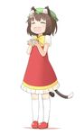  :d ^_^ animal_ears blush bow brown_hair cat_ears chen child closed_eyes commentary dress hat holding kneehighs md5_mismatch multiple_tails nakashino_setsu open_mouth short_hair simple_background smile solo standing tail touhou white_background white_legwear 