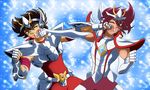  2boys arm_band armband armor battle blood brown_eyes brown_hair bruise chest_plate crossover crystal damaged fight fighting gauntlets helmet hyoumaru injury looking male male_focus multiple_boys pegasus_koga pegasus_seiya purple_hair saint_seiya saint_seiya_omega saliva star stars time_paradox 