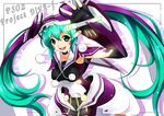  arm_up elbow_gloves fingerless_gloves fonewearl_style_(module) gloves green_eyes green_hair hatsune_miku long_hair miyabi_(miura105) open_mouth phantasy_star phantasy_star_online_2 project_diva_(series) project_diva_f sailor_collar solo twintails very_long_hair vocaloid wiola_magica 