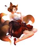  ahoge ahri alternate_costume alternate_eye_color alternate_hair_color alternate_hairstyle animal_ears aqua_eyes backlighting bad_id bad_pixiv_id bare_shoulders barefoot breasts brown_hair cleavage dynasty_ahri facial_mark fingernails floral_print fox_ears fox_tail from_side full_body hair_bun hair_ornament hair_stick hand_to_own_mouth korean_clothes league_of_legends long_fingernails looking_at_viewer medium_breasts multiple_tails nadri nail_polish off_shoulder shoe_dangle shoes simple_background single_shoe sitting sleeves_past_wrists slippers solo tail whisker_markings white_background 