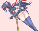  animal_ears ass black_hair blush bow bow_panties butt_crack cat_ears cat_tail dog_days fingerless_gloves gloves hair_ribbon jack_(slaintheva) long_hair looking_back noir_vinocacao panties pink_background red_eyes ribbon sheath sheathed skirt solo striped striped_panties sword tail thighhighs underwear weapon 