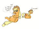  blonde_hair cowboy_hat cutie_mark eating english_text equine female feral friendship_is_magic fur green_eyes hair hat horse inflation mammal mickeymonster my_little_pony orange_fur overweight plain_background pony solo text white_background 