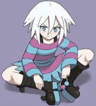  alternate_hairstyle blue_eyes blush boots butterfly_sitting freckles full_body hair_bobbles hair_down hair_ornament hair_ornament_removed homika_(pokemon) knee_boots looking_at_viewer pokemoa pokemon pokemon_(game) pokemon_bw2 purple_background shirt short_hair simple_background sitting solo striped striped_shirt white_hair 