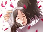  1girl bad_id bad_pixiv_id brown_hair couple hetero hug husband_and_wife kaburagi_t_kotetsu kaburagi_tomoe long_hair mugentansan petals tiger_&amp;_bunny veil wedding 