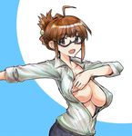  akizuki_ritsuko antenna_hair areola_slip areolae breasts brown_eyes brown_hair covered_nipples covering_nipples dress_shirt folded_ponytail glasses idolmaster idolmaster_(classic) kikuta large_breasts open_clothes open_shirt semi-rimless_eyewear shirt sleeves_rolled_up solo under-rim_eyewear 