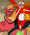  big_macintosh_(mlp) bigredmacintosh blonde_hair bridle clothed clothing crossover cutie_mark duo equine eyewear facial_hair feral freckles friendship_is_magic glasses goggles hair horse human male mammal mount mustache my_little_pony pony riding robotnik sega sonic_(series) 
