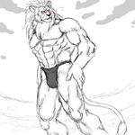  anthro bas biceps big_muscles blush clothed clothing embarrassed feline fundoshi fur greyscale half-dressed lion loincloth male mammal monochrome muscles pecs pose solo standing topless underwear unknown_artist 