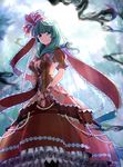  arm_ribbon bad_id bad_pixiv_id between_breasts breasts cleavage corsair dress embellished_costume front_ponytail green_eyes green_hair hair_ribbon kagiyama_hina lace long_hair looking_at_viewer medium_breasts nail_polish pearl puffy_sleeves red_dress red_nails ribbon short_sleeves solo touhou v_arms wrist_ribbon yuura 