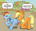  anal anus applejack_(mlp) blonde_hair blush c-v-m cowboy_hat dialog dialogue duo english_text equine female feral friendship_is_magic green_eyes hair hat horse lesbian mammal my_little_pony open_mouth oral outside pegasus pony pussy rainbow_dash_(mlp) rimming text tongue tree wings wood 