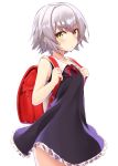  1girl absurdres bag blue_dress character_request collar commentary_request dress eyebrows_visible_through_hair fate/apocrypha fate_(series) frilled_dress frills grey_hair hair_between_eyes highres jack_the_ripper_(fate/apocrypha) red_neckwear school_bag short_hair shunichi sidelocks simple_background white_background white_collar 
