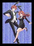  1boy 1girl animal_ears blush boots brown_hair bunny_ears business_suit dual_persona formal glasses high_heels jacket long_hair milcho nail_polish open_mouth original parted_lips pink_eyes shoes short_hair skirt smile suit 