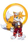  2012 animal_ears belt blonde_hair blue_eyes character_name child clenched_hand dated furry gloves goggles goggles_on_head jacket jewelry looking_at_viewer male_focus multiple_tails parody rat_rage ring robert_porter signature smile solo sonic_the_hedgehog standing style_parody tail tails_(sonic) 