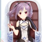  bare_shoulders bat cup dress drinking_glass elbow_gloves gloves gothic_lolita grin hair_ornament idolmaster idolmaster_cinderella_girls kanzaki_ranko komore lolita_fashion pantyhose purple_hair red_eyes single_glove sitting smile solo twintails wine_glass 