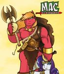  anthro anthrofied axe big_macintosh_(mlp) bigredmacintosh blonde_hair blue_eyes clothed clothing conan_the_barbarian duo english_text equine female freckles friendship_is_magic green_eyes hair horn horse looking_at_viewer male mammal muscles my_little_pony parody pony purple_hair rarity_(mlp) text unicorn warrior weapon 