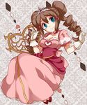  alternate_costume blue_eyes bow breasts brown_hair cleavage crown double_bun dress drill_hair gloves heart irouha long_hair medium_breasts mei_(pokemon) pink_dress pokemon pokemon_(game) pokemon_bw2 pokewood smile solo spade_(shape) twin_drills twintails 