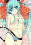  animal_ears between_breasts blue_eyes blue_hair breasts cameltoe cat_ears cat_tail hair_ornament hair_ribbon hatsune_miku highres long_hair lotion lying medium_breasts on_back panties rain_lan ribbon sexually_suggestive solo spring_onion striped striped_panties summer sunscreen tail thigh_gap topless underwear vocaloid 