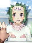  against_glass face facial_mark fingerless_gloves fiona_(zoids) gloves green_hair highres looking_at_viewer out_of_frame pov pov_hands short_hair smile solo ueyama_michirou zoids zoids_chaotic_century 