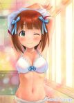  ;) acrylic_paint_(medium) amami_haruka armpits artist_name bad_id bad_pixiv_id banned_artist belly blush bra brown_hair closed_mouth colored_pencil_(medium) curtains green_eyes idolmaster idolmaster_(classic) navel one_eye_closed panties pastel_(medium) sarah_sauge short_hair smile solo traditional_media underwear underwear_only undressing 