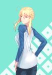  1girl ahoge artoria_pendragon_(all) blue_pants blue_sleeves braided_bun cowboy_shot eyebrows_visible_through_hair fate/stay_night fate_(series) fateline_alpha from_behind green_eyes hair_between_eyes hand_on_hip highres long_sleeves looking_at_viewer looking_back older pants saber shirt short_hair_with_long_locks sidelocks solo standing white_shirt 