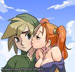  1girl bare_shoulders blonde_hair blue_eyes breasts brown_eyes cheek_kiss cleavage crossover day dragon_quest dragon_quest_viii dress earrings english flirting hat jessica_albert jewelry junkpuyo kiss large_breasts link long_hair necklace orange_hair pointy_ears strapless strapless_dress the_legend_of_zelda twintails 