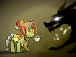  duo equine female feral friendship_is_magic frying_pan fur granny_smith_(mlp) green_fur hair headscarf horse karzahnii mammal my_little_pony plain_background pony saddle_bag saddlebag scarf timberwolf_(mlp) white_eyes white_hair 