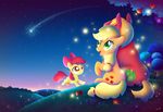  apple_bloom_(mlp) applejack_(mlp) big_macintosh_(mlp) blonde_hair bow cub cutie_mark equine female feral freckles friendship_is_magic fruit grass green_eyes group hair horse male mammal my_little_pony night outside pony rintau shooting_star sibling sisters smile stars tree wood young 
