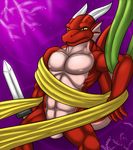  abs anthro balls biceps big_muscles bound dragon dregna horn male muscles nipples nude pecs pose red_dragon scales scalie solo standing stud sword swordman warrior weapon yellow_eyes 