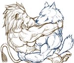  anal anal_penetration anthro biceps canine duo eyes_closed feline fur gay gripping holding invalid_tag lion male mammal muscles nipples nude pecs penetration sex sketch unknown_artist wolf 