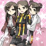  arm_hug breasts brown_eyes brown_hair center_frills commentary_request crossover double_bun hair_bun kamen_rider kamen_rider_wizard_(series) koyomi_(kamen_rider_wizard) long_hair multiple_girls ponytail shelly_(gavan) shorts small_breasts super_sentai terai_arina tokumei_sentai_go-busters tokusatsu uchuu_keiji_gavan underbust usami_youko 