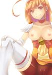  breasts brown_hair cameltoe choker cure_sunny earrings eko gloves hand_on_own_knee highres hino_akane_(smile_precure!) jewelry long_hair medium_breasts nipples orange_(color) orange_choker precure red_shorts shorts simple_background smile smile_precure! solo spread_legs thighhighs topless white_gloves white_legwear 