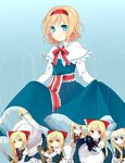  absurdres alice_margatroid arrow bazooka blonde_hair blue_eyes capelet doll dress green_eyes hairband highres looking_at_viewer orange_eyes polearm puppet purple_eyes red_eyes ribbon shanghai_doll shield short_hair solo spear sword touhou tsuno_no_hito weapon yellow_eyes 