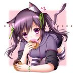  all_fours animal_ears black_hair blush bracelet cat_ears cat_tail doughnut eating fang food hair_ribbon holding jewelry looking_at_viewer original pink_eyes purple_eyes ribbon shitou short_hair sleeves_pushed_up solo striped striped_legwear tail thighhighs twintails 