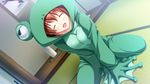  animal_costume blush brown_hair closed_eyes dutch_angle formal frog_costume furuike_ougi game_cg indoors kikurage_(plastic_people) shiawase_kazoku-bu solo squatting 