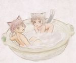  animal_ears bathing blush brown_hair cat_ears cat_tail chen extra_ears hair_rings kaenbyou_rin multiple_girls multiple_tails neko_nabe no_hat no_headwear nude open_mouth red_eyes red_hair saraband tail touhou tub 