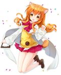  :d animal_ears bad_id bad_pixiv_id bow candy cape clipboard dog_days dog_ears dog_girl dog_tail food highres holding jelly_bean juna legs_up long_hair open_mouth orange_hair ricotta_elmar school_uniform simple_background skirt smile solo sweater tail white_background yellow_eyes 