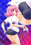  adjusting_buruma adjusting_clothes alternate_costume ass back blush breasts buruma gym_uniform hitodama kanoe looking_back medium_breasts open_mouth pink_hair red_eyes saigyouji_yuyuko short_hair smile solo touhou triangular_headpiece 