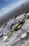  ace_combat ace_combat_04 aerial_battle aircraft airplane battle building cannon cloud crater dogfight f-22_raptor fighter_jet fire firing highres jet military military_vehicle mobius_1 no_humans pilot signature sky smoke stonehenge_(ace_combat) su-37 thompson yellow_4 